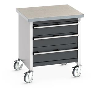 Bott Cubio Mobile Storage Workbench 750mm wide x 750mm Deep x 840mm high supplied with a Linoleum worktop (particle board core with grey linoleum surface and plastic edgebanding) and 3 integral drawers (2 x 150mm & 1 x 200mm high).... 750mm Wide Storage Benches